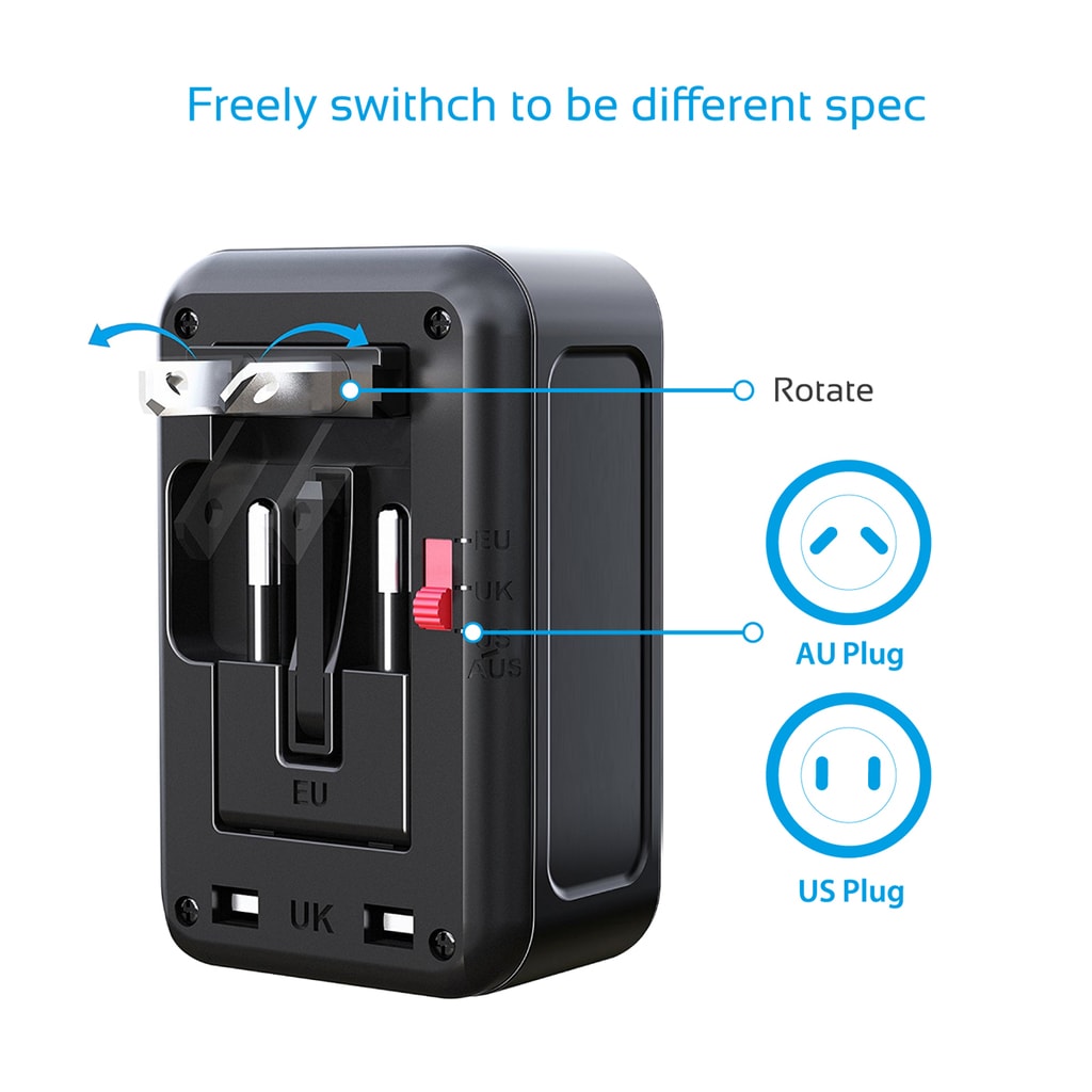 Promate Travel Adapter, Universal All in One Worldwide Travel Adapter with Multi-Regional Socket, Qualcomm QC 3.0 Dual USB Port and Surge Protected for UK, US, AU, EU, Smartphones, Tablet, UniPlug-QC3 Black