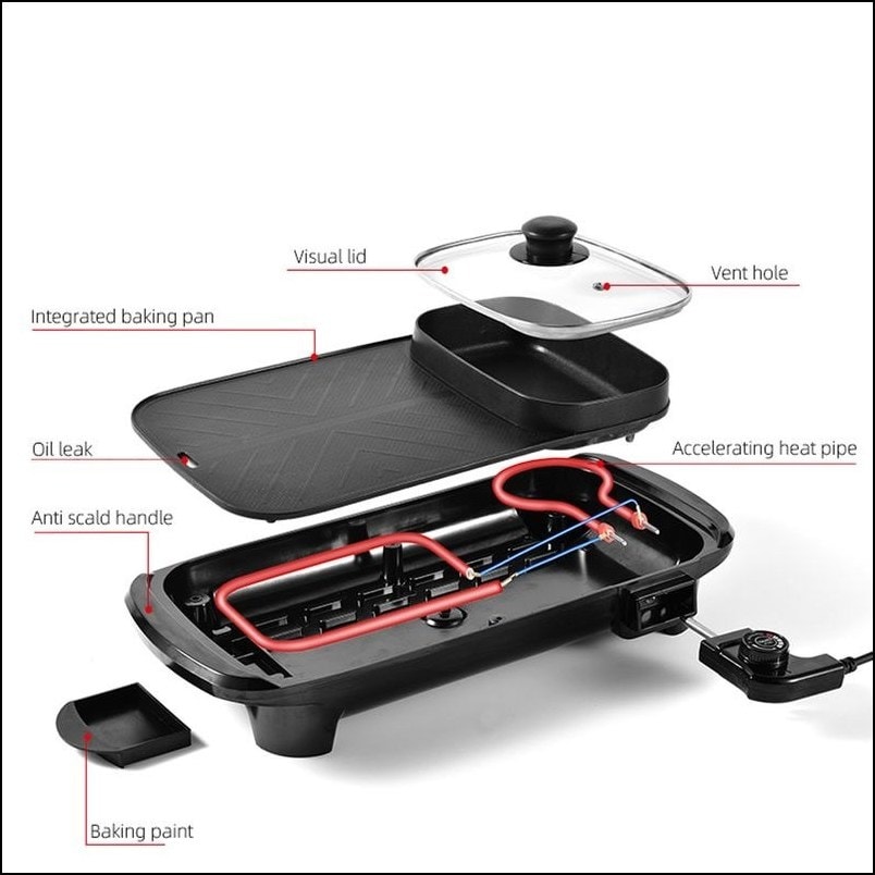 Smokeless Non-Stick Indoor 2 in 1 Electric BBQ Grill & Hot Pot Rectangular multi-functional