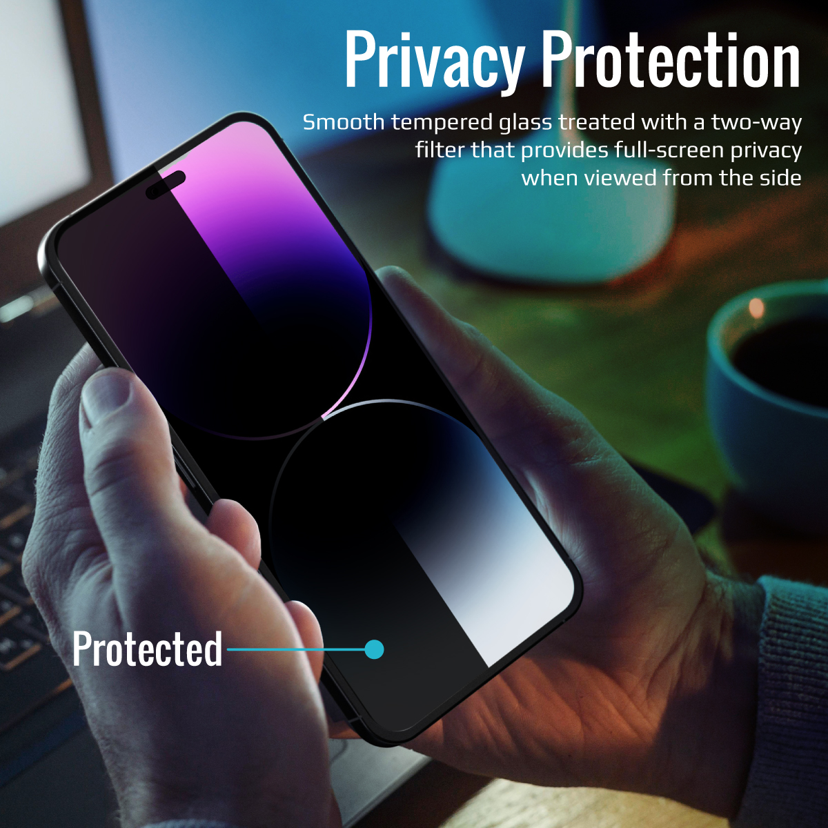 Promate Privacy Glass Screen Protector for iPhone 14 Pro Max with Silicone Bumper and Shatter Protection, Aegis-i14ProMax