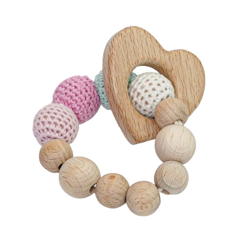 Snuggle&Play Handmade Crochet Teether With Wooden Heart Braclet