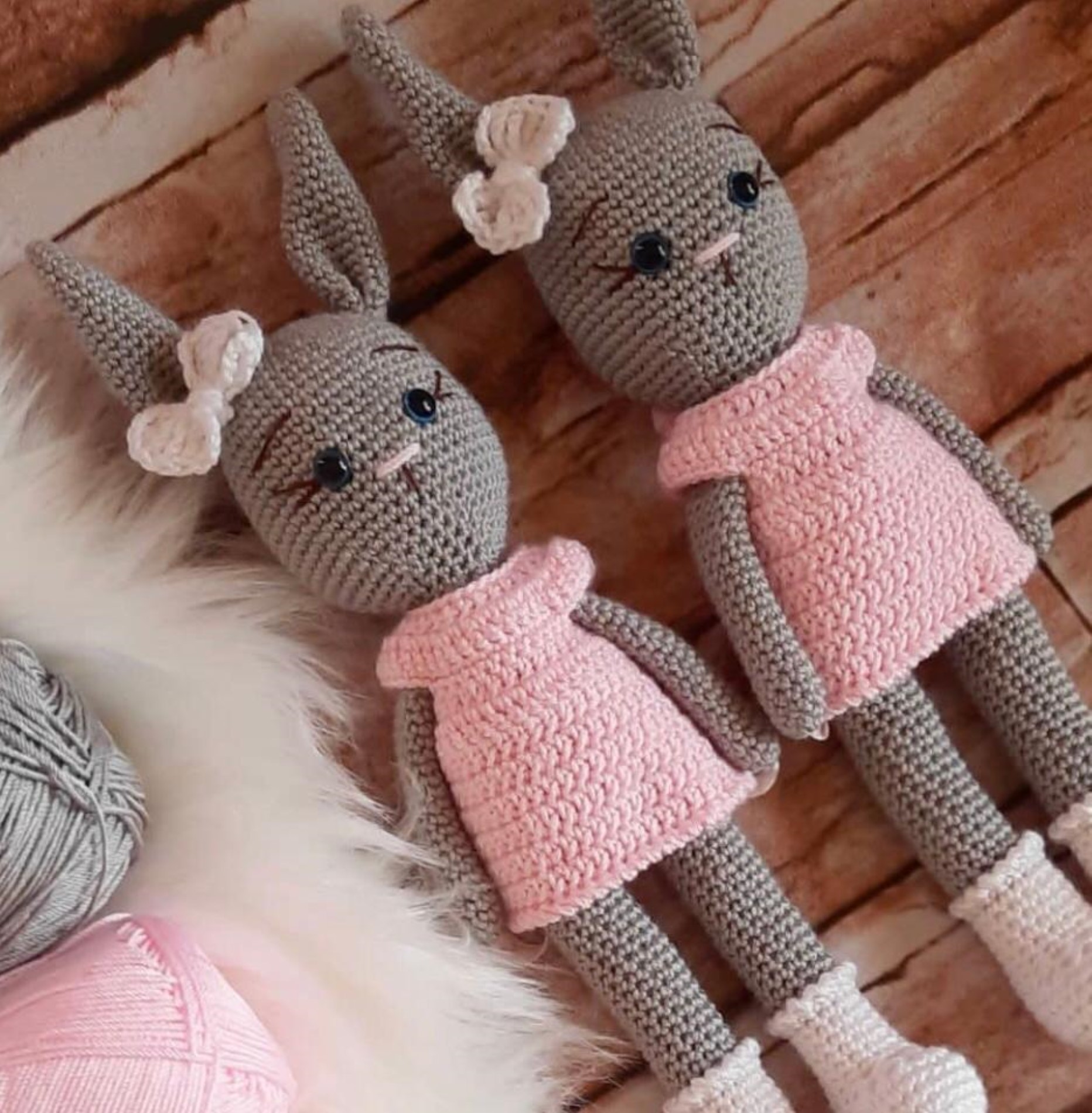 Pikkaboo - Crochet Bunny Tieback Clips Pair - Pink and Grey
