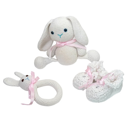 Pikkaboo - SnuggleandPlay Soft Crocheted Bunny set - White and Pink