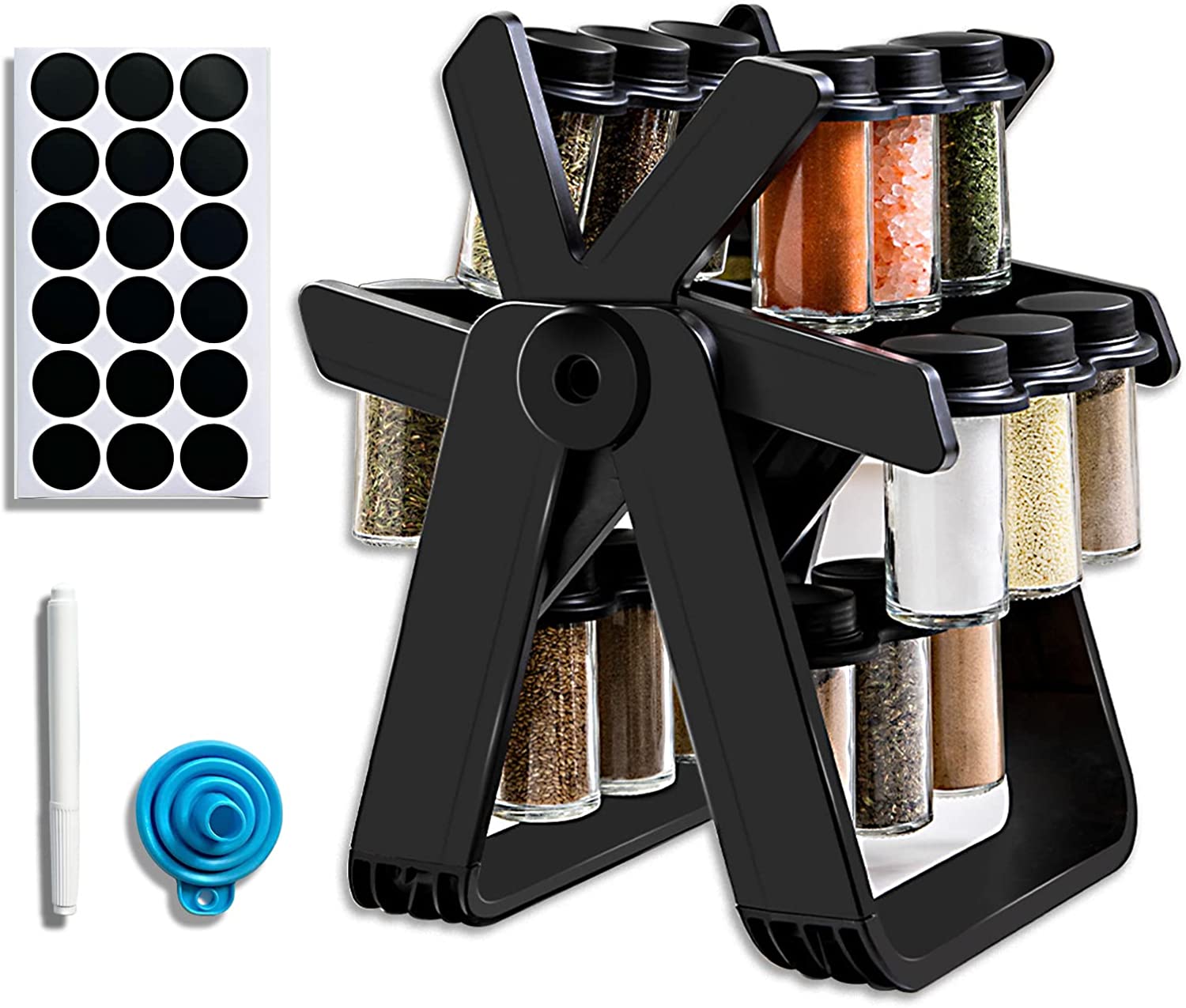 Rotating Spice Rack with 18 Jars and Kitchen Labels Spinning Spice Rack Jar Organizer Rotatable Seasoning Organizer with Labels Durable Black
