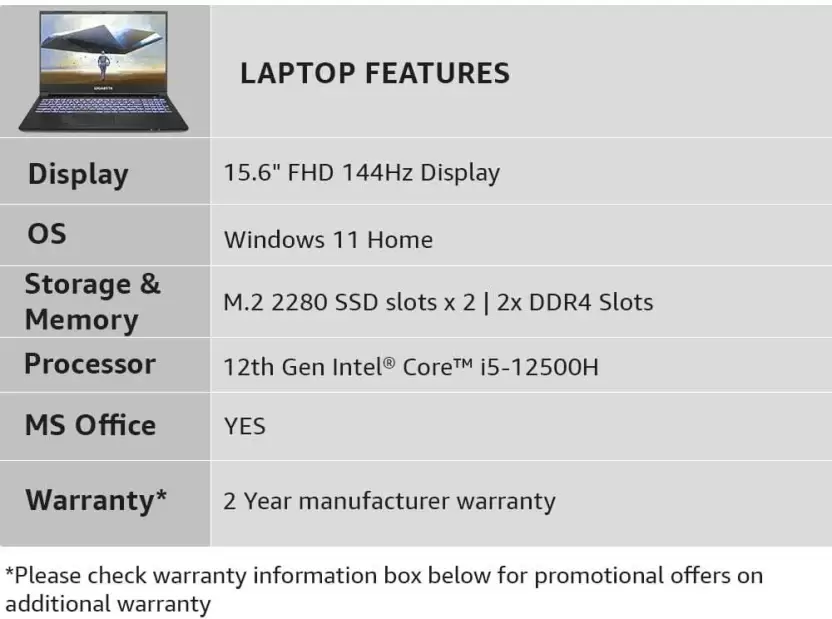 GIGABYTE G5 KE-52IN213SH Core i5 12th Gen - (16 GB/512 GB SSD/Windows 11 Home/6 GB Graphics/NVIDIA GeForce RTX 3060) RC55KE Gaming Laptop (15.6 inch, Black, 3.11 Kg)