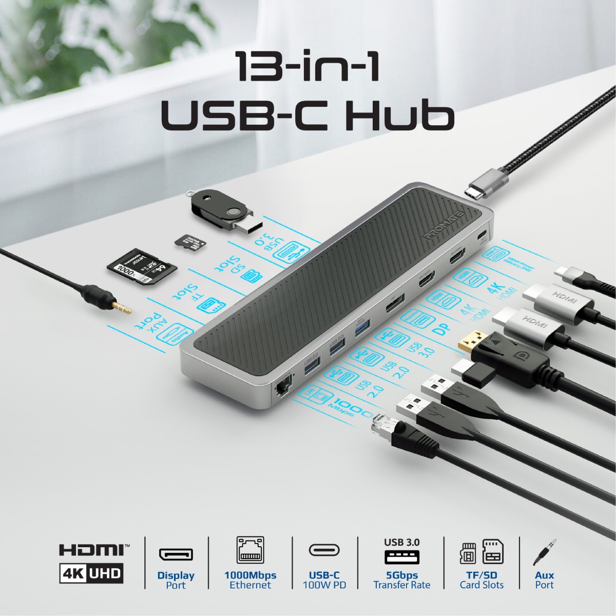 Promate USB-C™ Hub, 13-in-1 Multi-Display Hub with Dual 4K HDMI, 4K DisplayPort, 1000Mbps LAN, 100W USB-C™ Power Delivery, AUX, SD/TF Card Slot, USB 3.0 and USB 2.0 Ports for MacBook Pro, Dell, ApexHub-MST