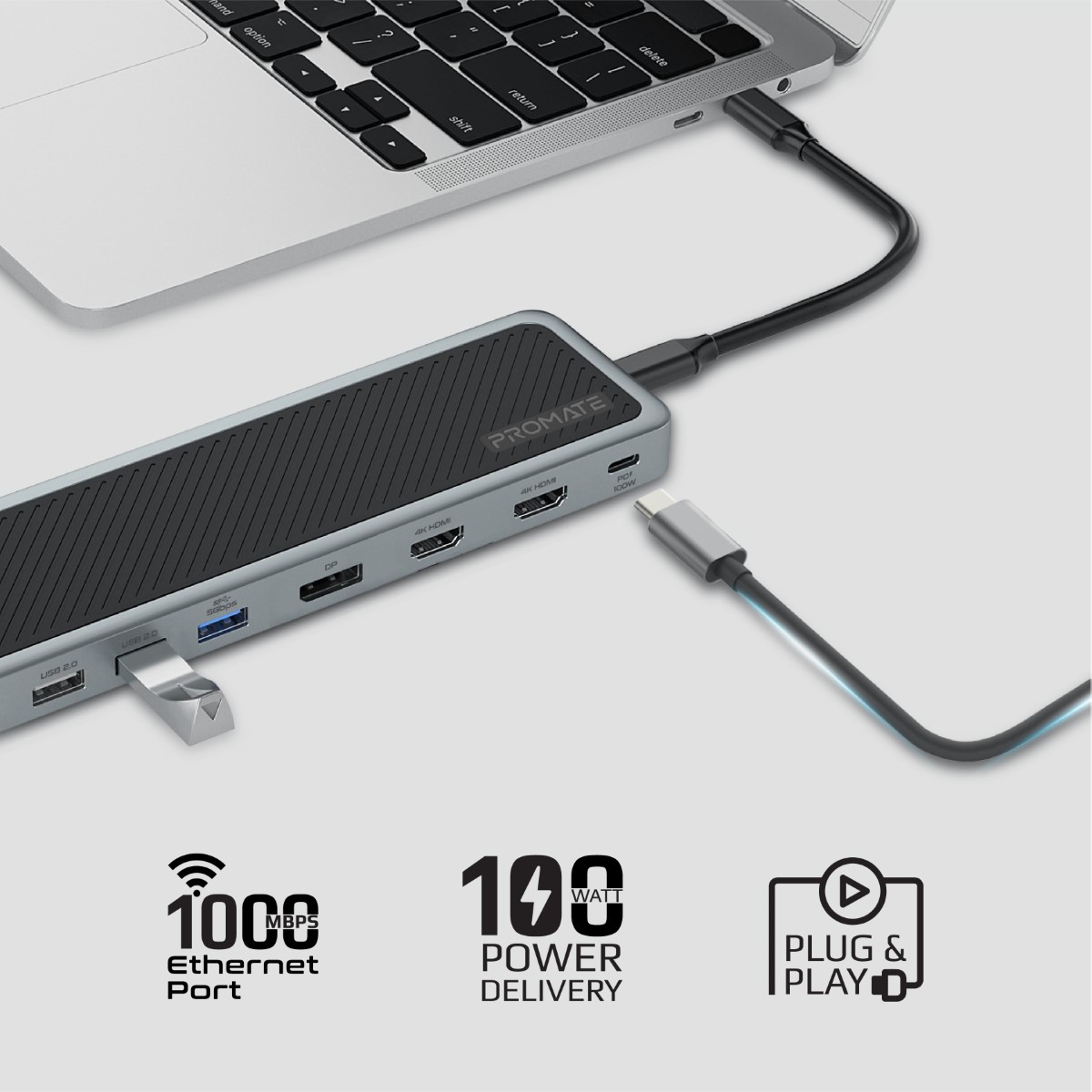 Promate USB-C™ Hub, 13-in-1 Multi-Display Hub with Dual 4K HDMI, 4K DisplayPort, 1000Mbps LAN, 100W USB-C™ Power Delivery, AUX, SD/TF Card Slot, USB 3.0 and USB 2.0 Ports for MacBook Pro, Dell, ApexHub-MST