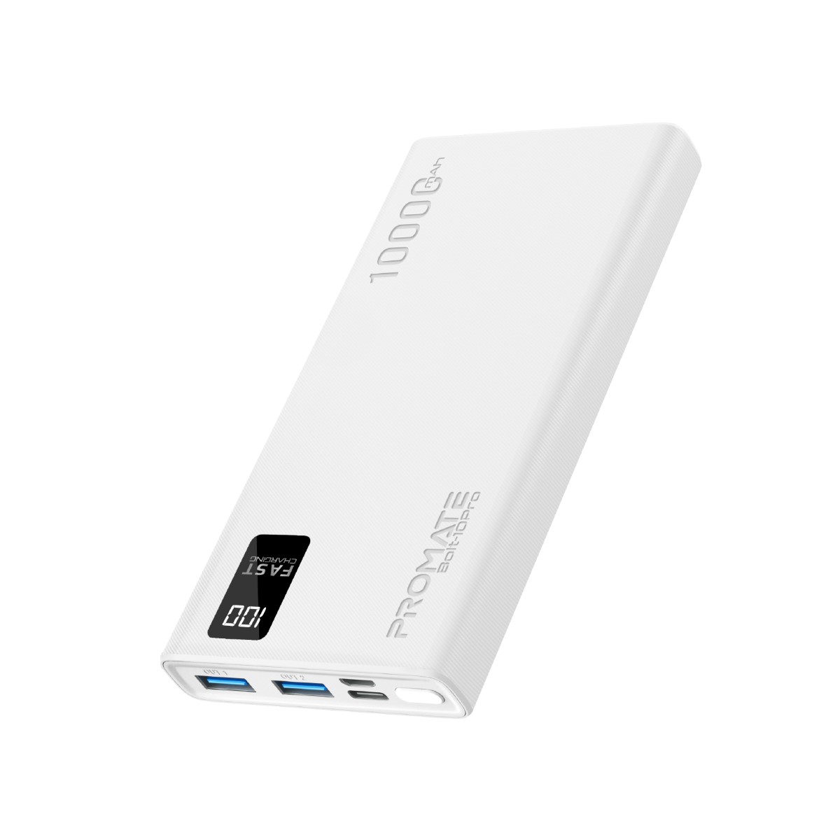 Promate Power Bank, Universal 10000mAh Ultra-Slim Portable Charger with 10W USB-C™ Input/Output Port, Dual USB Ports, LED Screen and Over-Heating Protection for iPhone 14, Galaxy S22, iPad Air, Bolt-10Pro.White