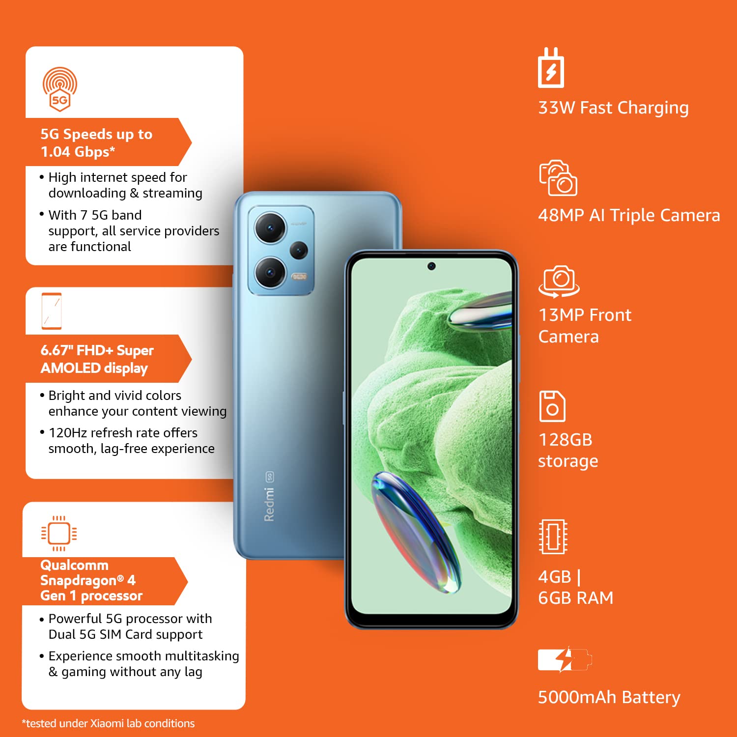 Redmi Note 12 5G Mystique Blue 4GB RAM 128GB ROM | 1st Phone with 120Hz Super AMOLED and Snapdragon® 4 Gen 1 | 48MP AI Triple Camera