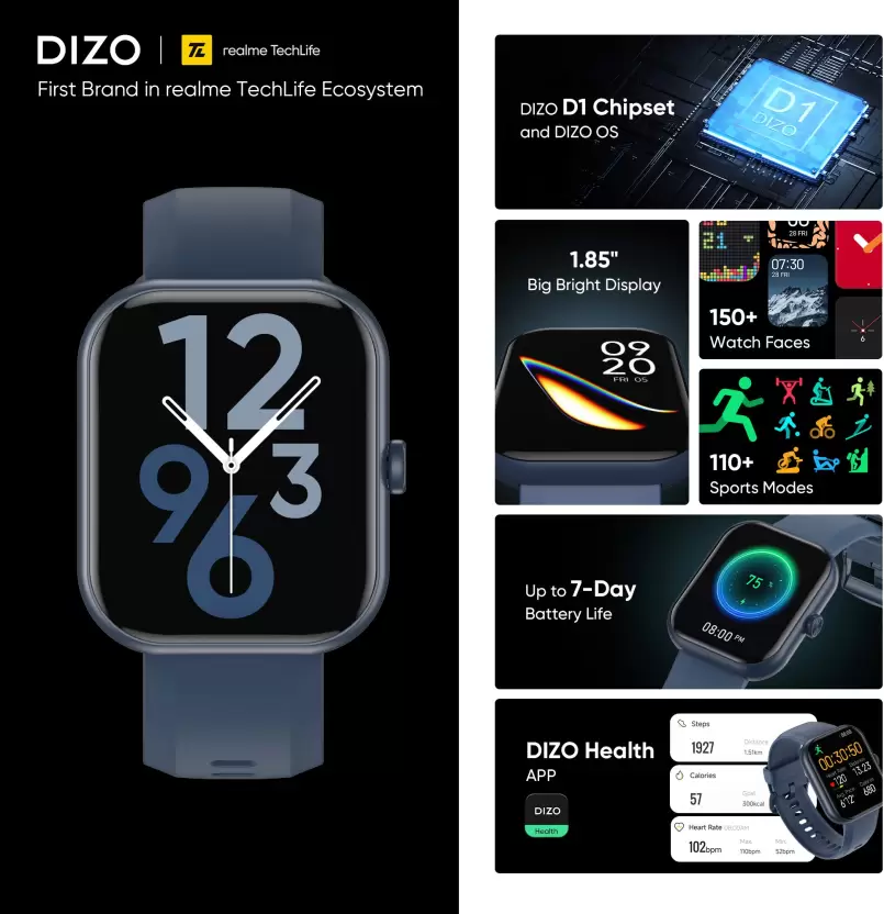 DIZO WATCH D PRO WITH CALLING,D1 CHIPSET,OS,1.85 INCH DISPLAY
