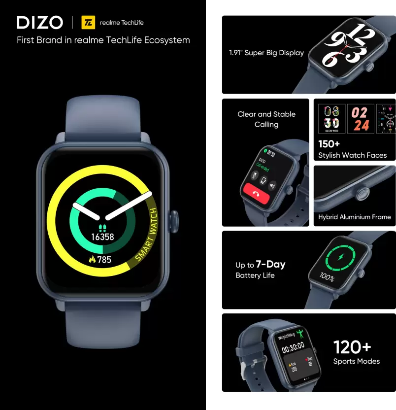 DIZO Watch D2 with 1.91 inch super big display, BT Calling (by realme TechLife)  (Blue Strap, Free Size)