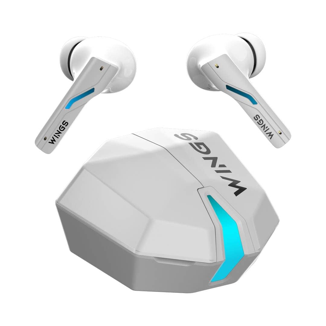 Wings Phantom 850 Low Latency Wireless Earbuds, Bluetooth Headphones with App Support, Split Cover Gaming Case with LED Lights, 50 Hours Playtime,Quad ENC Mic, Touch Controls TWS Headsets, White