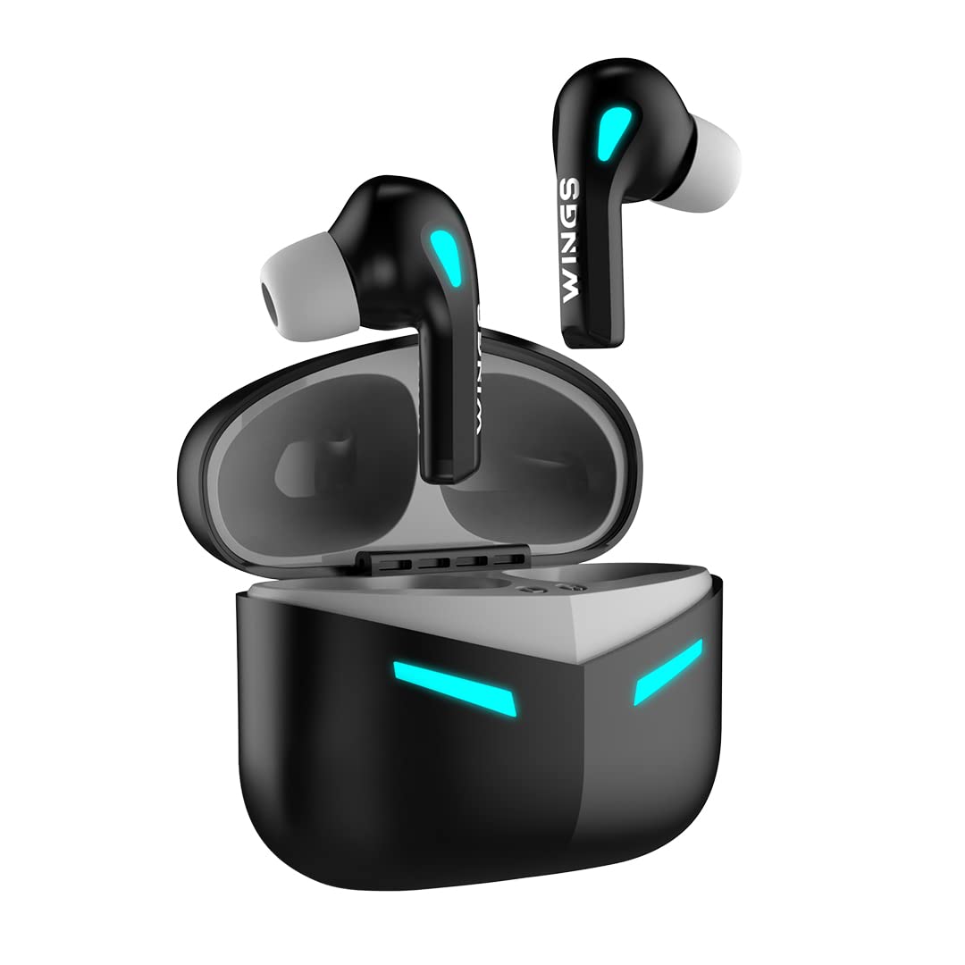 Wings Phantom 410 Best Low Latency 40ms Wireless Earbuds, Gaming Case with Digital Battery Indicator, 70 Hours Playtime, in Ear Airpods, ENC Mic, Touch Controls TWS Headset, Black