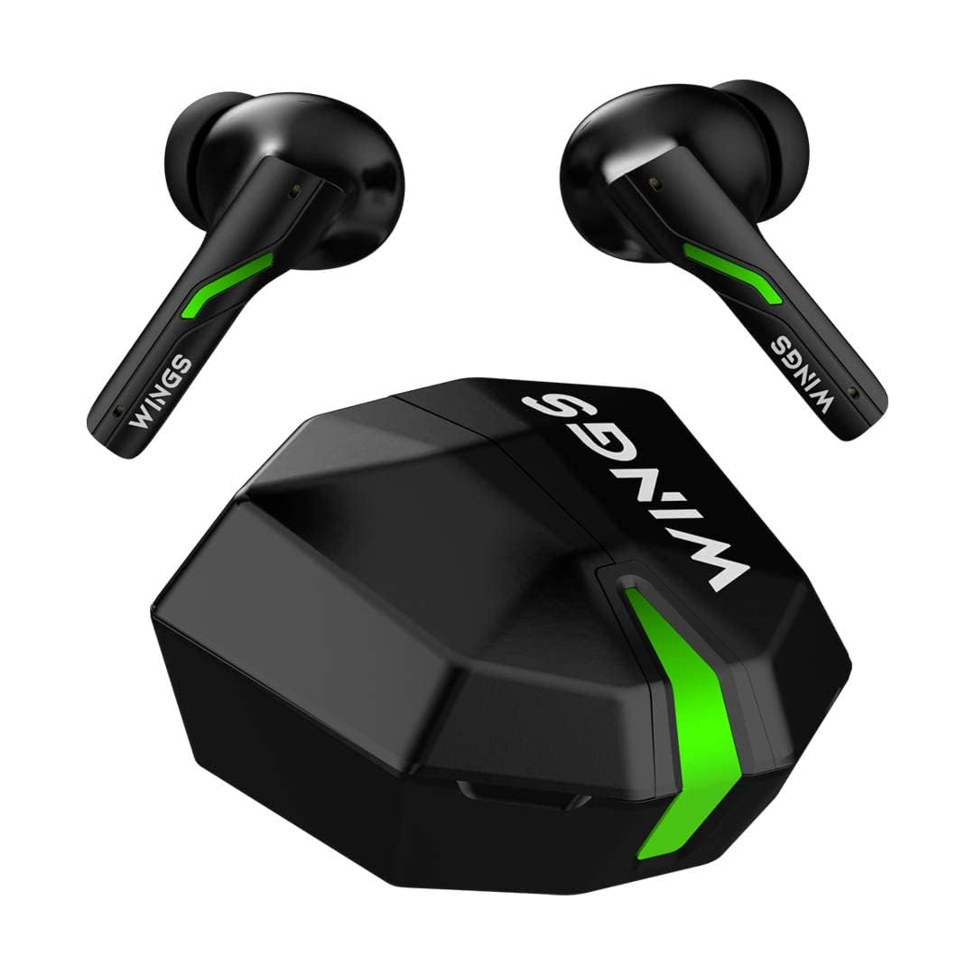 Wings Phantom 850 Low Latency Wireless Earbuds, Bluetooth Headphones with App Support, Split Cover Gaming Case with LED Lights, 50 Hours Playtime,Quad ENC Mic, Touch Controls TWS Headsets, Black