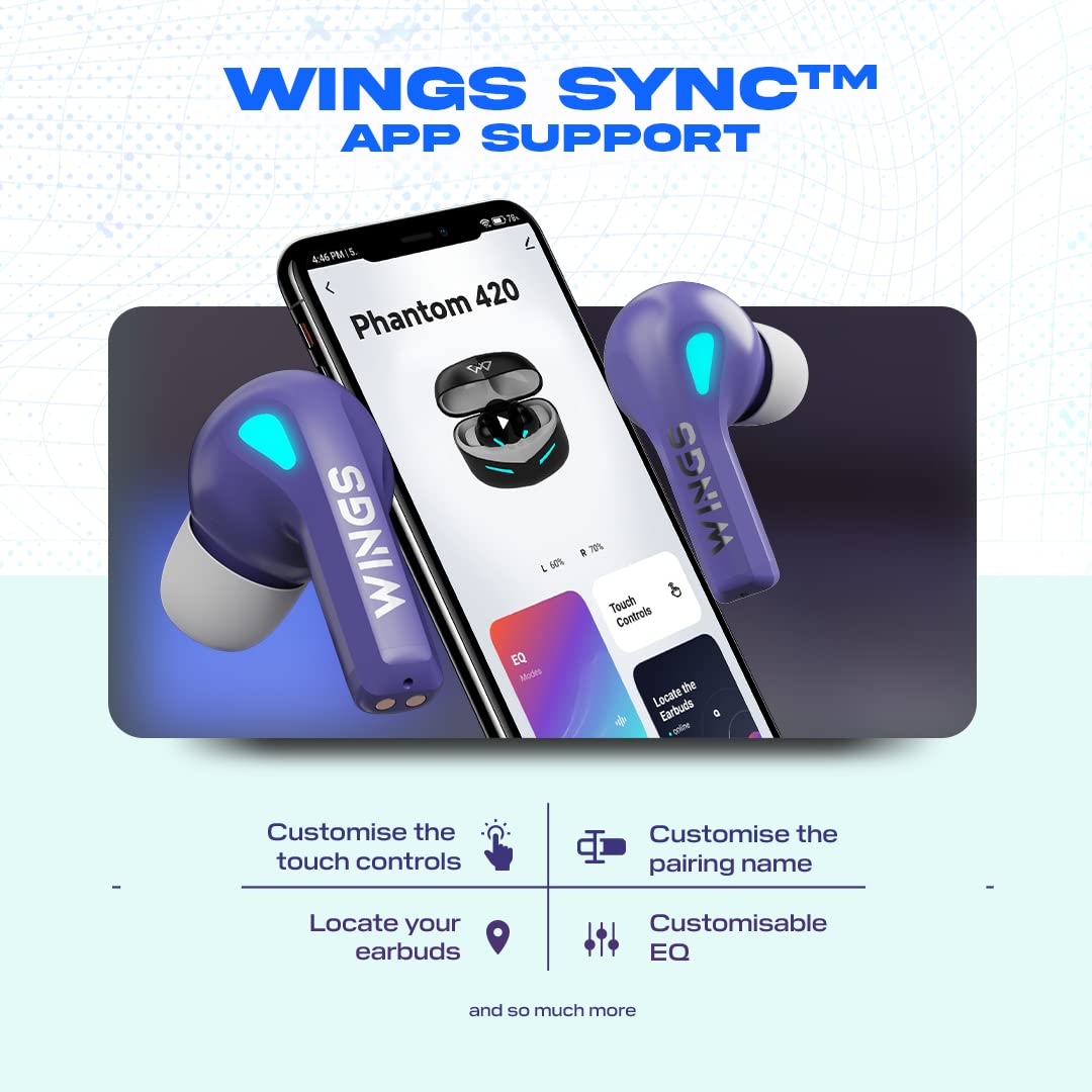 Wings Phantom 410 Best Low Latency 40ms Wireless Earbuds, Gaming Case with Digital Battery Indicator, 70 Hours Playtime, in Ear Airpods, ENC Mic, Touch Controls TWS Headset, Black