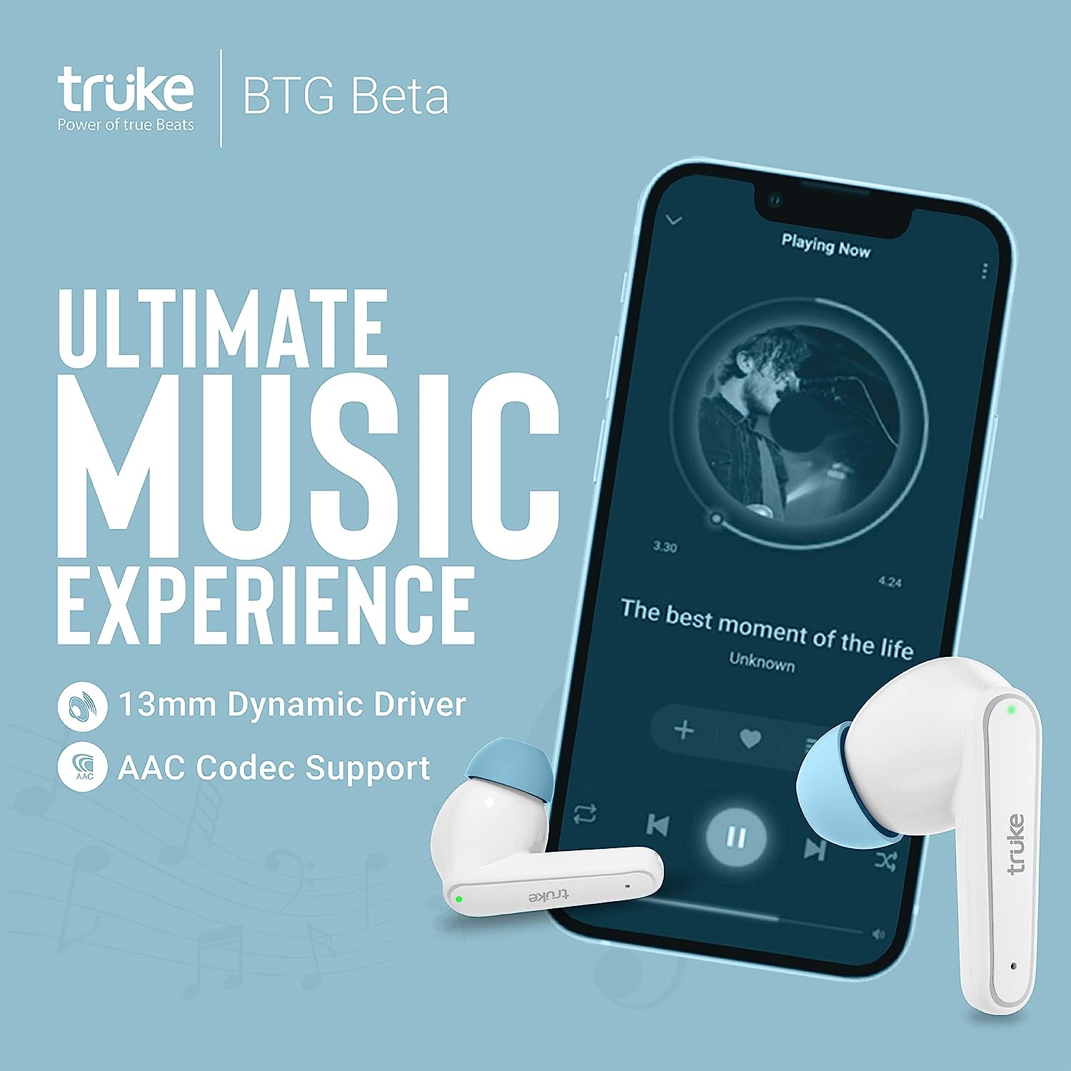 truke Newly Launched BTG Beta True Wireless in Ear Earbuds with 13mm Big Speaker Drivers,38H Playtime,Fast Charging,True Gaming Mode,Instant Pairing,AAC Codec,Dual-Mic ENC,Bluetooth 5.3, IPX4Â(White)