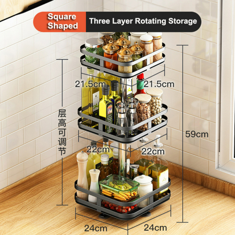 3 Tier Square Multipurpose Turntable, 360° Rotating Spice and bottle Rack Organizer for Cabinet, Round Stainless Steel Spinning Organizer for Kitchen, Pantry, Countertop, Refrigerator, Bathroom
