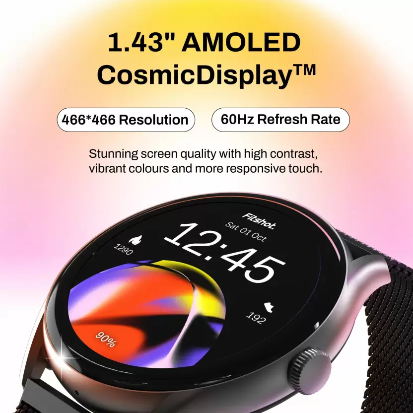 Fitshot Aster 1.43inch round AMOLED Display with BT Calling,1000 Nits brightness Smartwatch  (Silver Strap, Regular)
