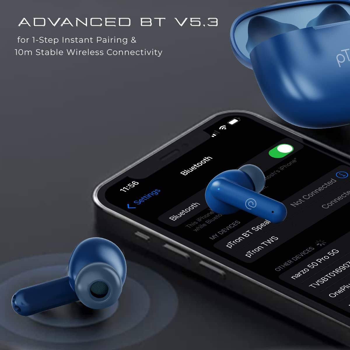 pTron Newly Launched Bassbuds Zen in-Ear TWS Earbuds with Quad ENC Mic & TruTalk™, 50Hrs Playtime, BT5.3 Headphones with Mic, Deep Bass, Low Latency, Touch Control, Type-C Fast Charging & IPX4 (Blue)