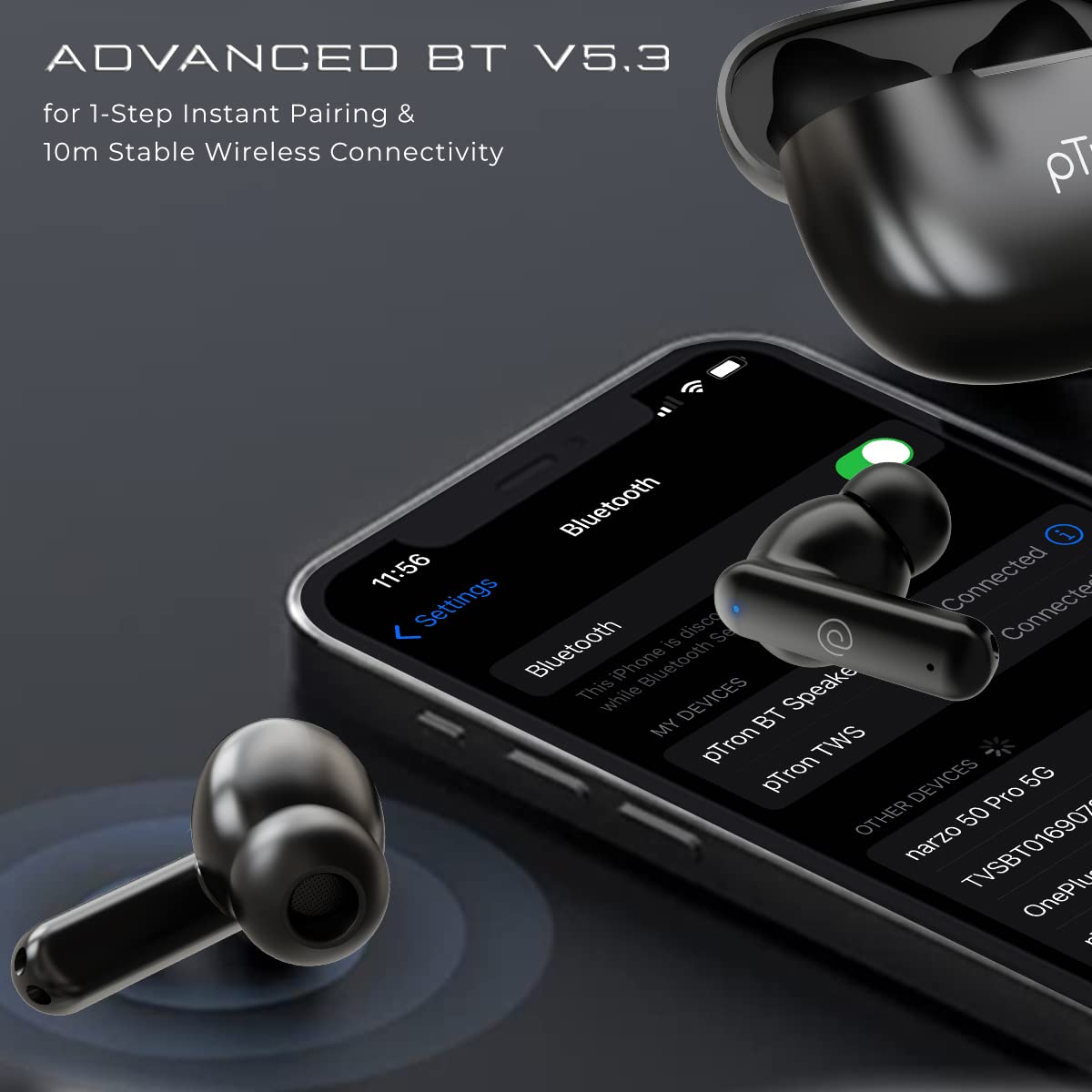 pTron Newly Launched Bassbuds Zen in-Ear TWS Earbuds with Quad ENC Mic & TruTalk™, 50Hrs Playtime, BT5.3 Headphone with Mic, Deep Bass, Low Latency, Touch Control, Type-C Fast Charging & IPX4 (Black)