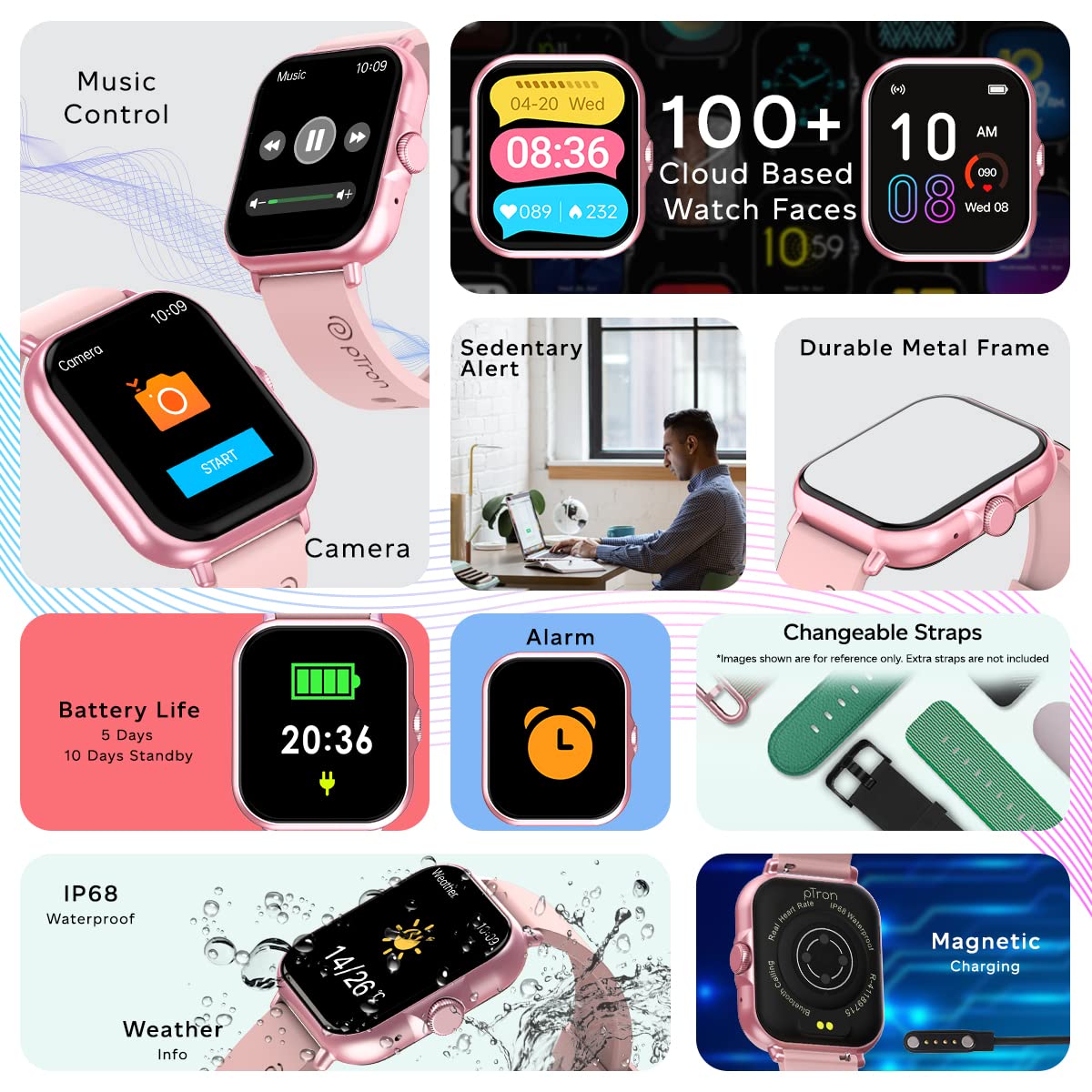 PTron Force X12N 1.85" Full Touch HD Display Bluetooth Calling Smartwatch, Functional Crown, 580 NITS Brightness, HR, SpO2, Watch Faces, Inbuilt Games, 5 Days Battery Life & IP68 Waterproof (Pink)
