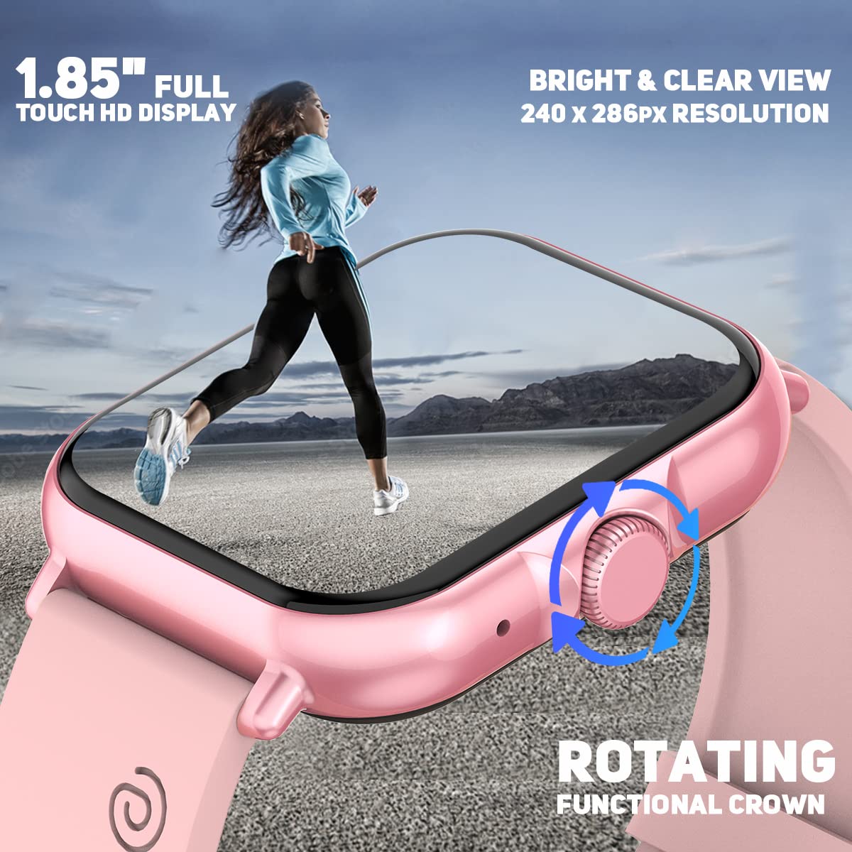 PTron Force X12N 1.85" Full Touch HD Display Bluetooth Calling Smartwatch, Functional Crown, 580 NITS Brightness, HR, SpO2, Watch Faces, Inbuilt Games, 5 Days Battery Life & IP68 Waterproof (Pink)