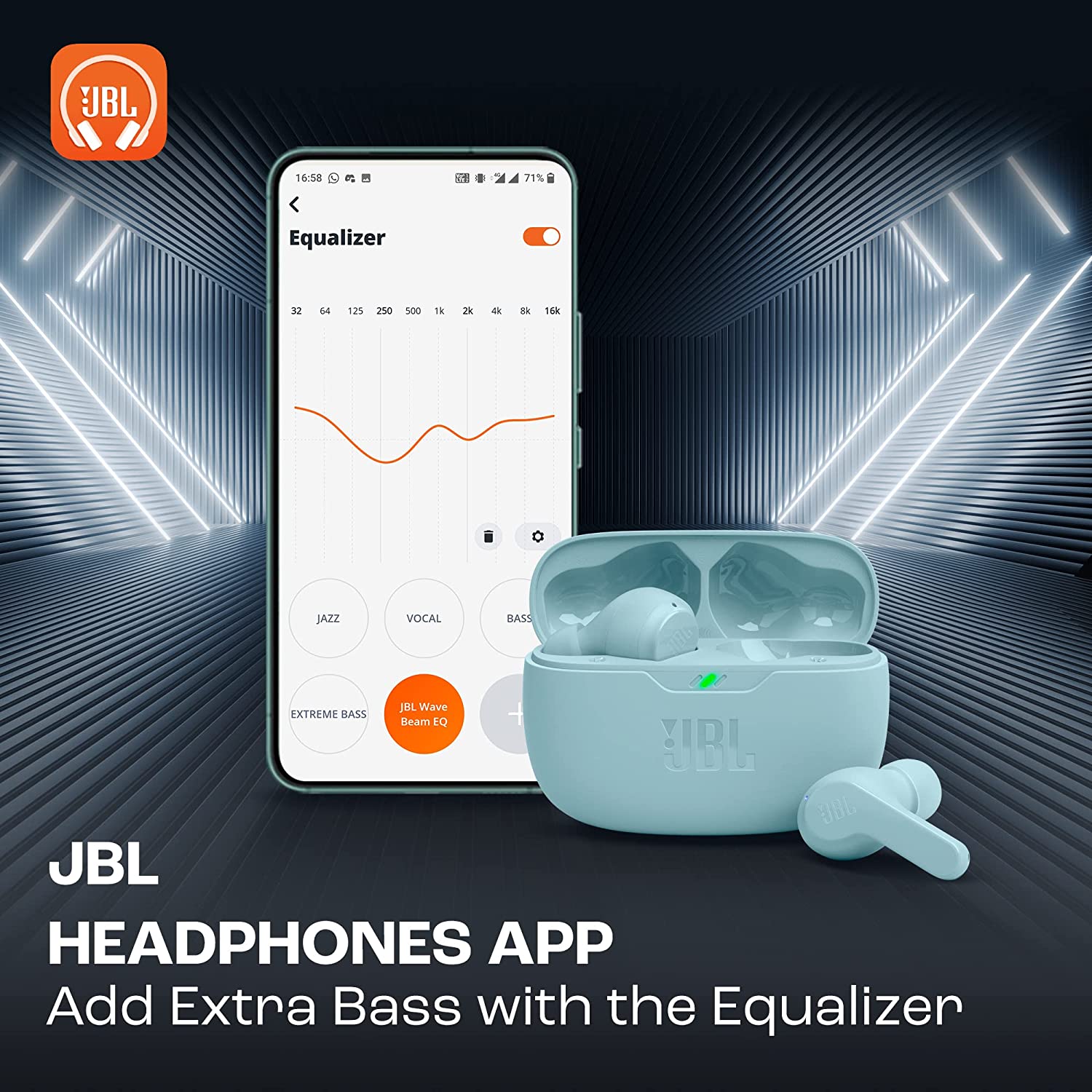 JBL Wave Beam in-Ear Earbuds (TWS) with Mic, App for Customized Extra Bass EQ, 32 Hrs Battery and Quick Charge, IP54, Ambient Aware & Talk-Thru, Google FastPair (Mint)