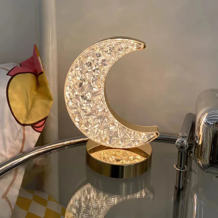 Moon Shape Table Lamp USB Rechargeable Dimming Crystal Night Light