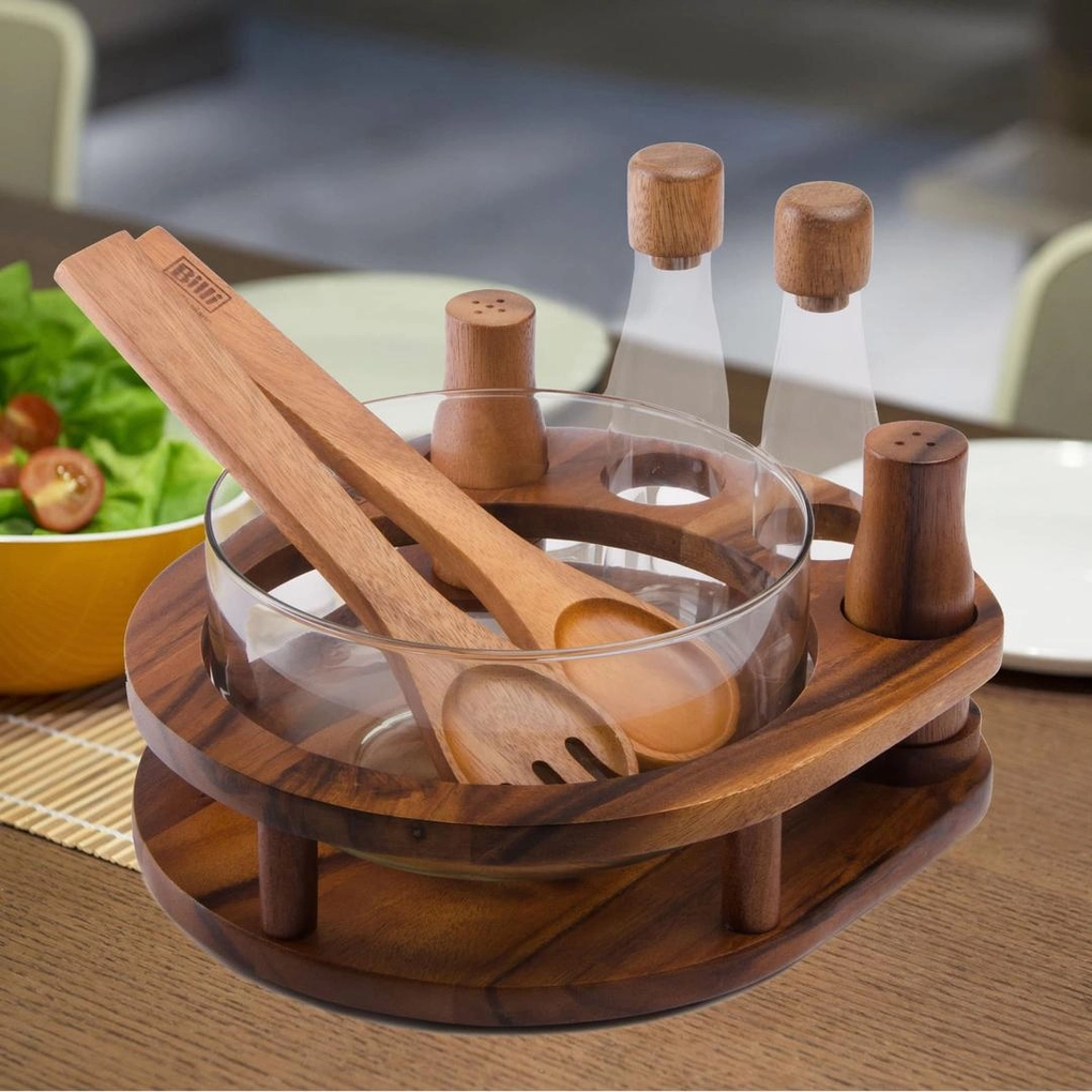 Glass Salad Bowl & Wooden Cruet Set