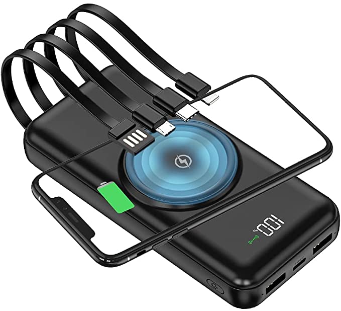 Wireless Portable Charger Power Bank with Built-in 4 Cable