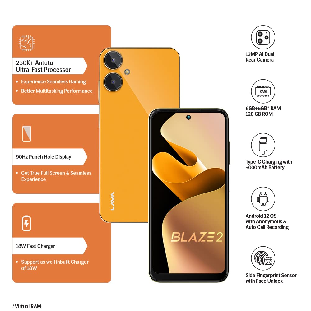 Lava Blaze 2 (6GB RAM, 128GB Storage) - Glass Orange | 18W Fast Charging | 6.5 inch 90Hz Punch Hole Display | Side Fingerprint Sensor | Upto 11GB Expandable RAM | 5000 mAh Battery