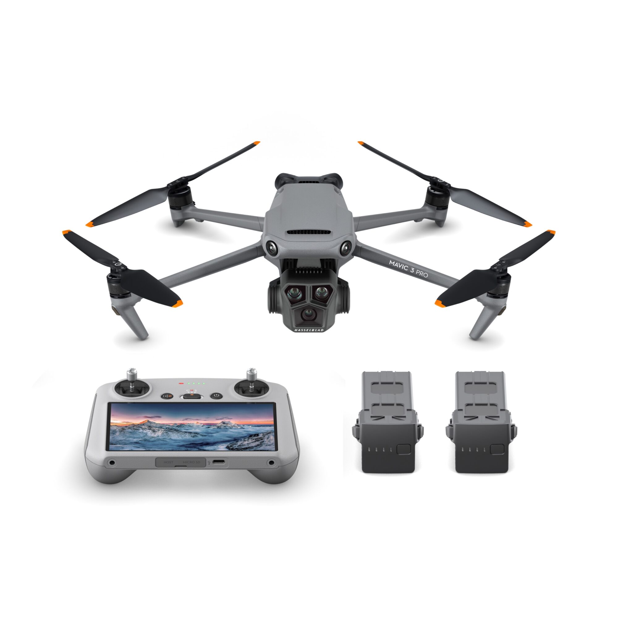 DJI Mavic 3 Pro (DJI RC) Fly More Combo - Includes DJI RC, Two Additional Batteries, a Battery Charging Hub, an ND Filters Set, and More.