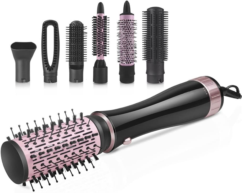 7 Head Replaceable Hot Cold Air Brush Electric Hair Dryer Comb Straightener One Step Curly Blower 2 Heat Setting Anti Scalding