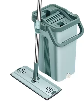 Green flat mop and bucket set with Microfiber Mop Pads Refills Easy Self-Wringing Cleaning Mop Bucket Wet and Dry