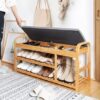 Bamboo Shoe Bench, 3 Tier Shoe Organiser with Removable Seat Cushion and Storage