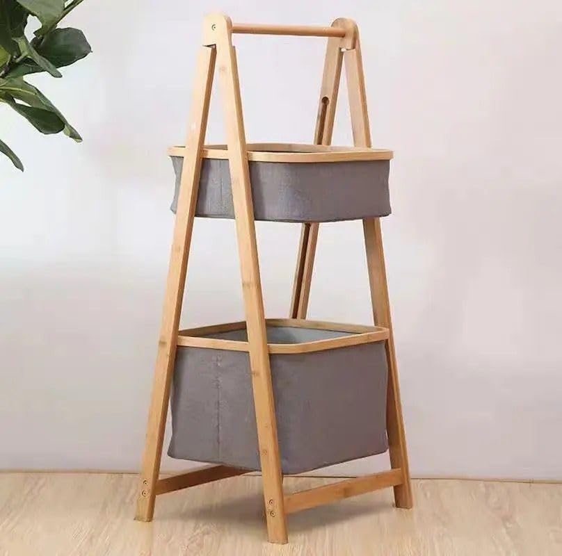 Bamboo Ladder two Tier Storage Basket Rack with Removable Fabric Basket