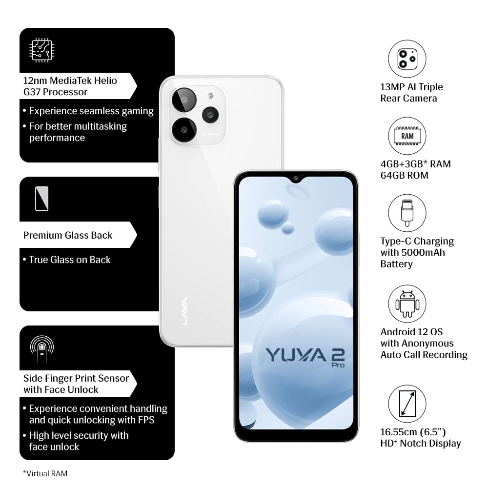 Lava Yuva 2 Pro (Glass White, 4GB RAM, 64GB Storage)| 2.3 Ghz Octa Core Helio G37| 13 MP AI Triple Camera |Fingerprint Sensor| 5000 mAh Battery| Upto 7GB Expandable RAM