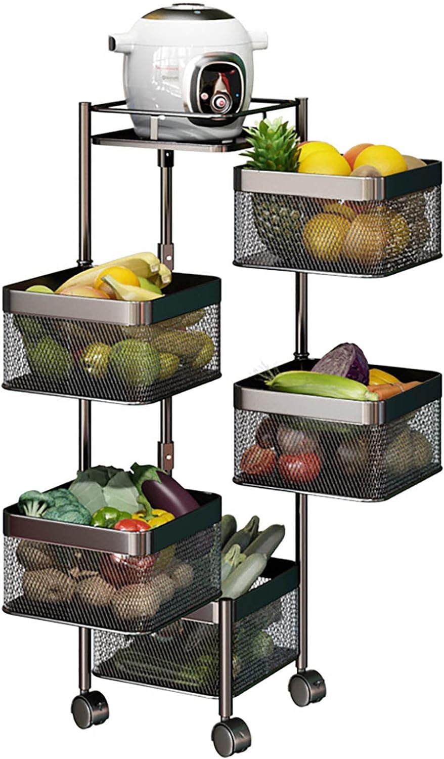 5 Tier Rotating Fruit and Vegetable Storage, 360° Square Rotating Storage Rack for Kitchen, Multifunctional Household Kitchen Vegetable Storage Rack