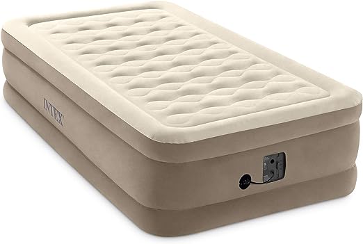 Ultra Plush Fiber-Tech 18 Inch High Twin Inflatable Airbed Elevated Air Mattress with Built-in Pump & Flocked Top, Tan