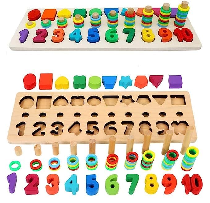 Wood Blocks Puzzle Board Set for Toddler Preschool Kids, Learning & Educational Toys for Number Counting, Colours Stacking, Shape Sorting, Early Education Toy