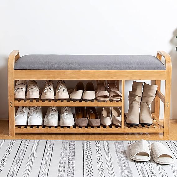 Shoe Rack with Storage, Bamboo Storage Bench, Entryway Shoe Bench with Padded Seat, Wooden Shoe Organizer