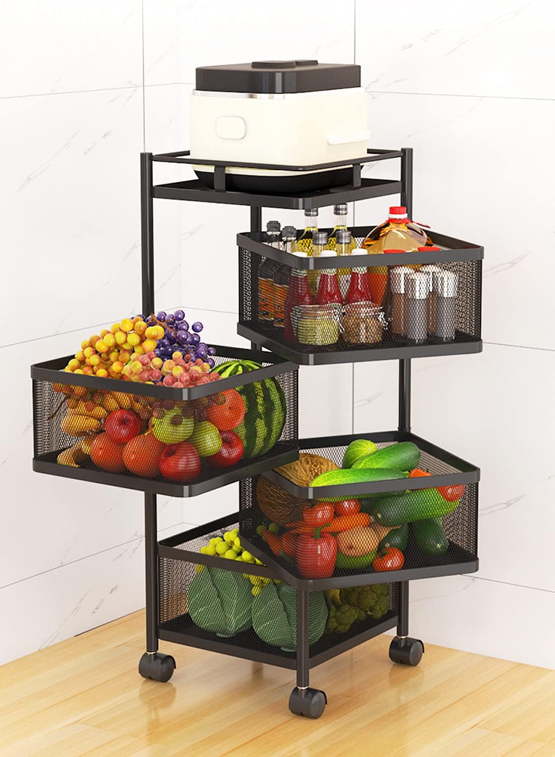 4-Tier Kitchen Storage Organize, Vegetable Fruit Basket for Kitchen, Rotatable Cart with Wheels Pantry