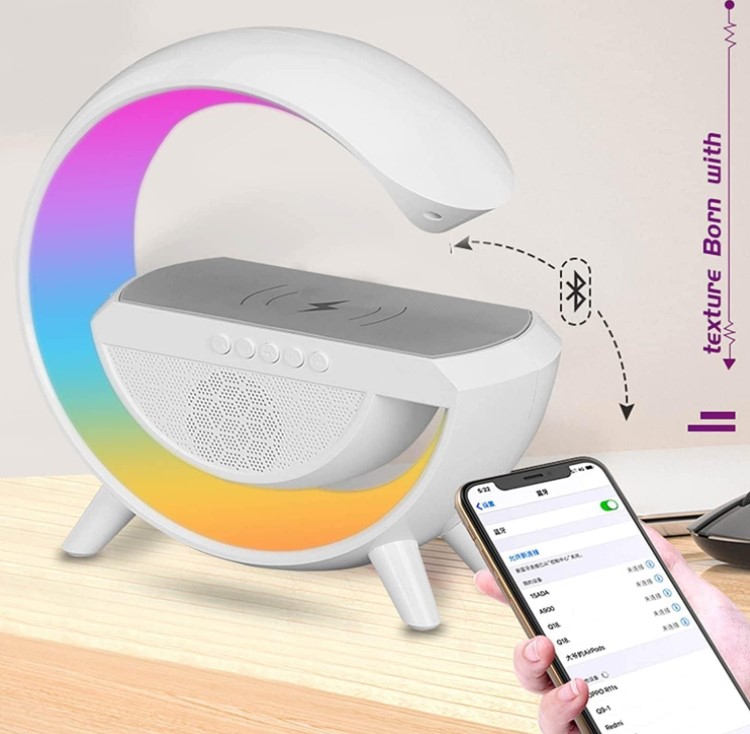 RGB Atmosphere Lamp,Color Changing Mood Light with Wireless Charger, 3 In 1 Dimmable Night Light with with Alarm Clock, Bluetooth Speaker,15w Fast Charger and APP Control for Bedroom, Party