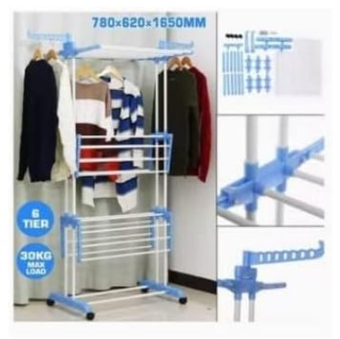 Three Layers Of Clothes Hanger, Adjustable Stainless Steel Hanger With Folding Wings For Indoor And Outdoor, Blue, 3 Layer
