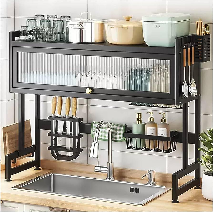 Over The Sink Dish Drying Rack 3 Tier, With Cover, Large Dish Rack Drainer For Kitchen Storage Counter Organizer