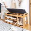 Bamboo Shoe Bench, 3 Tier Shoe Organiser with Removable Seat Cushion and Storage