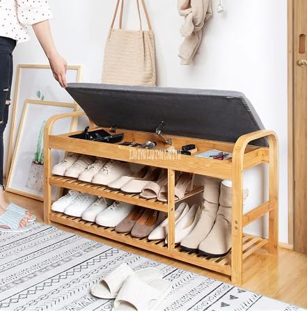 Bamboo Shoe Bench, 3 Tier Shoe Organiser with Removable Seat Cushion and Storage