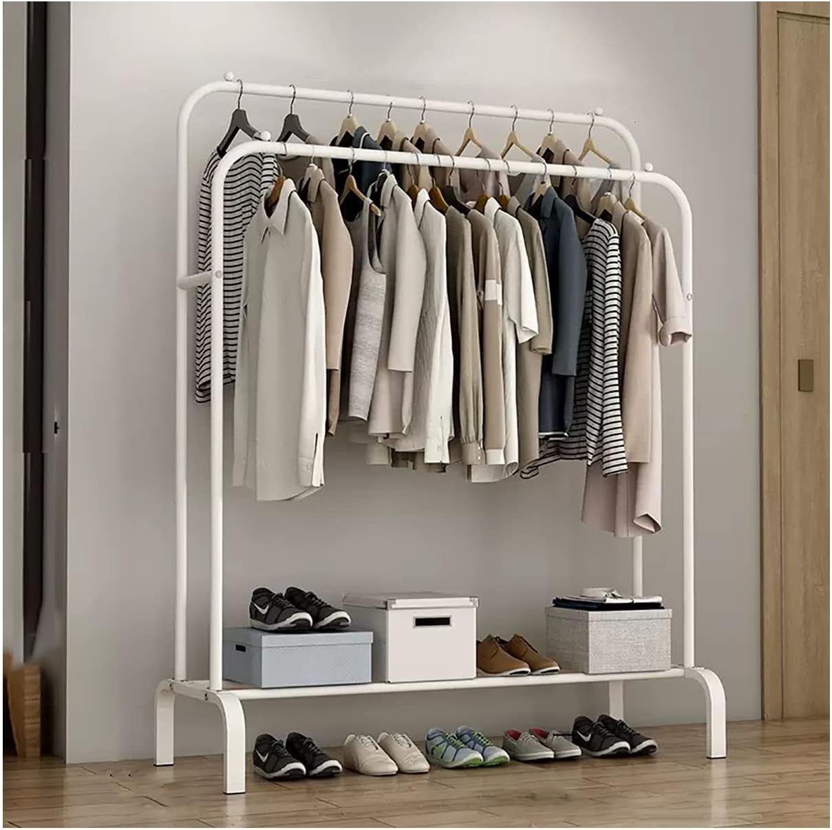 Exquisite Clothes Rail Rack Metal Coat Rack Stand with Hooks and Open Shelves Clothing Garment Rail with Wheels Double Hanging Rail for Indoor
