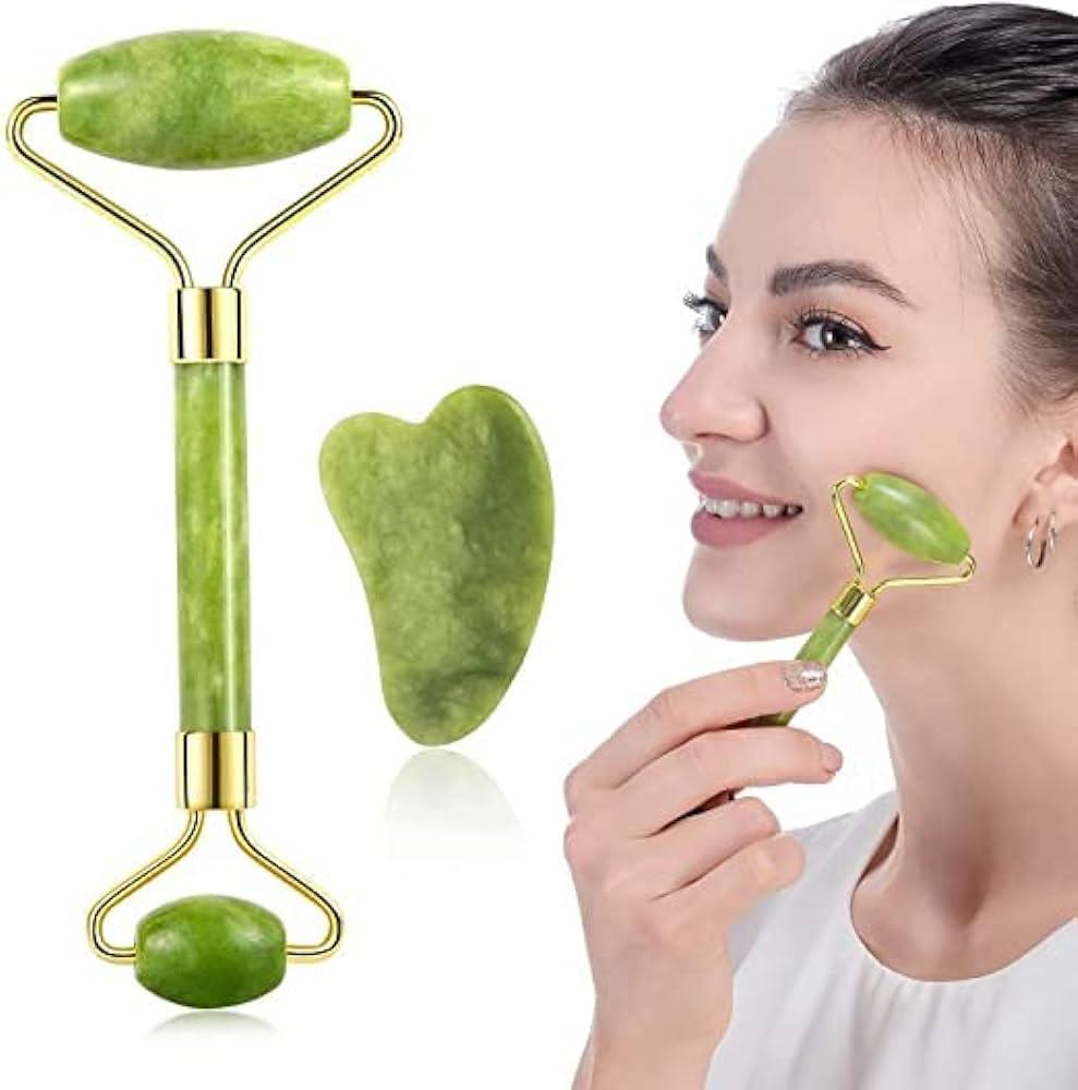 Jade Roller and Gua Sha Set - Face Roller and Massager