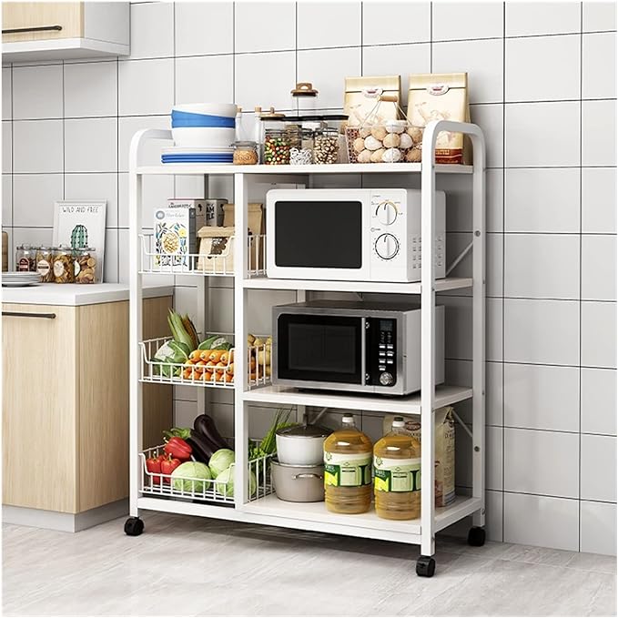 Kitchen Storage Cart Kitchen Bakers Racks with Storage Holder on Wheel Table Microwave Oven Stand Storage Cart with Wire Basket Metal Frame