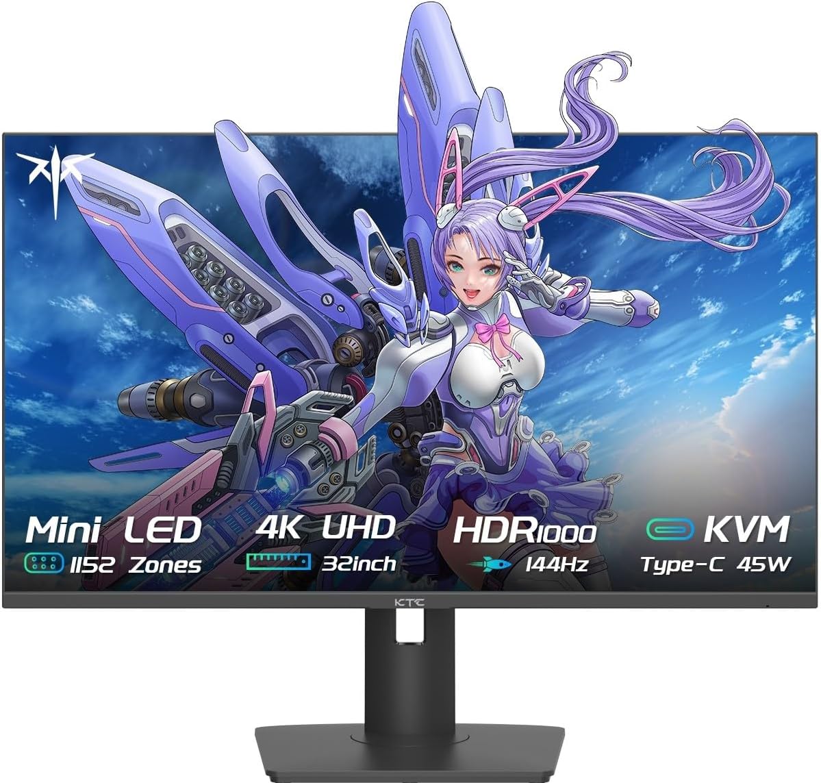 KTC 32 Inch Gaming Monitor, 4K UHD MiniLED 144Hz 1ms Fast IPS Computer Monitor with FreeSync & G-Sync, HDR1000, HDMI/DP/USB/Type-C, Tilt Swivel Height Adjustment, M32P10